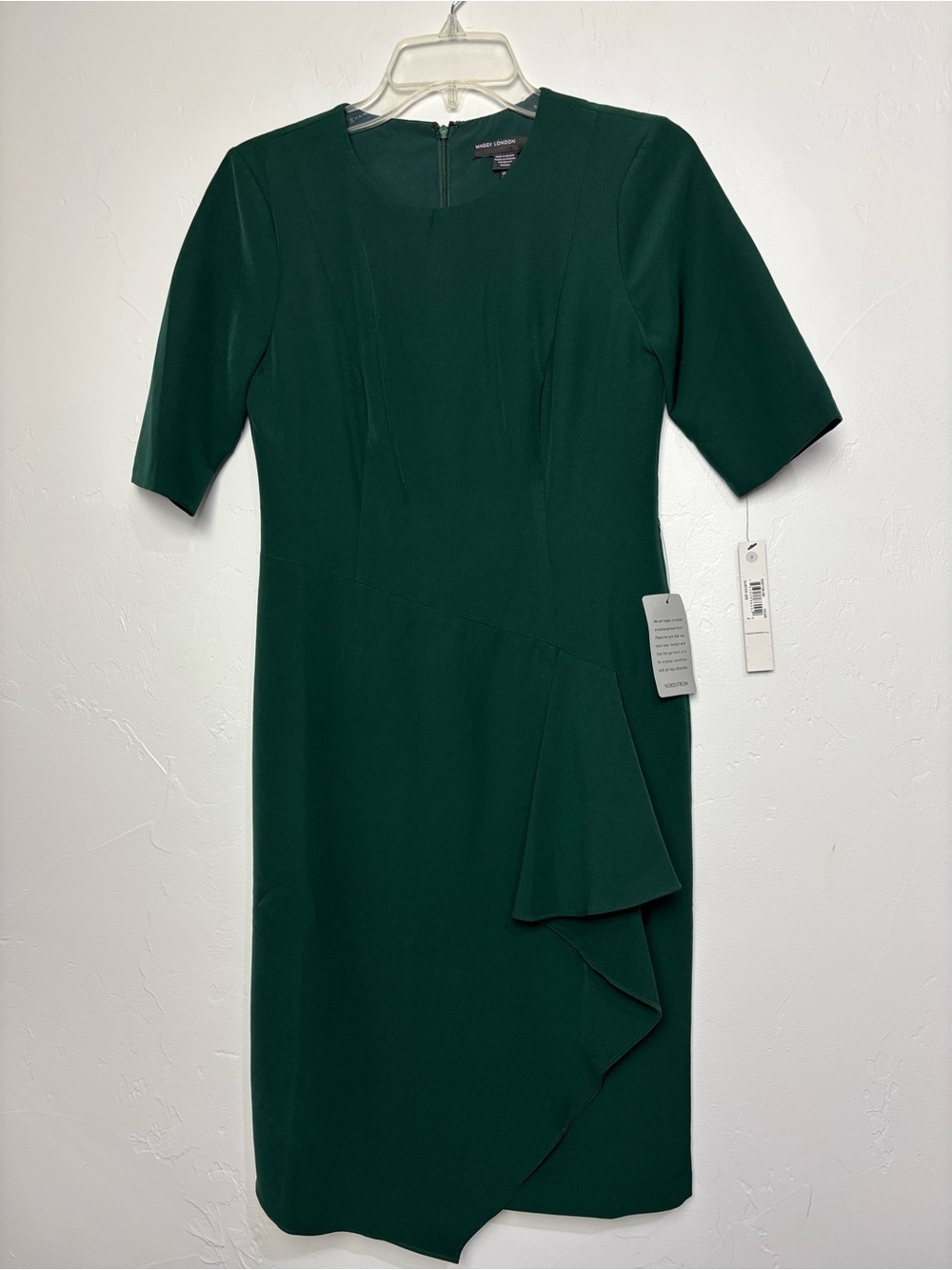 Maggy London Hunter Green NEW Dress Women's 2 Sheath Waterfall Elbow Sleeve